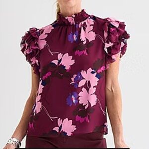 Liz Claiborne Burgundy Floral Short Sleeve Blouse